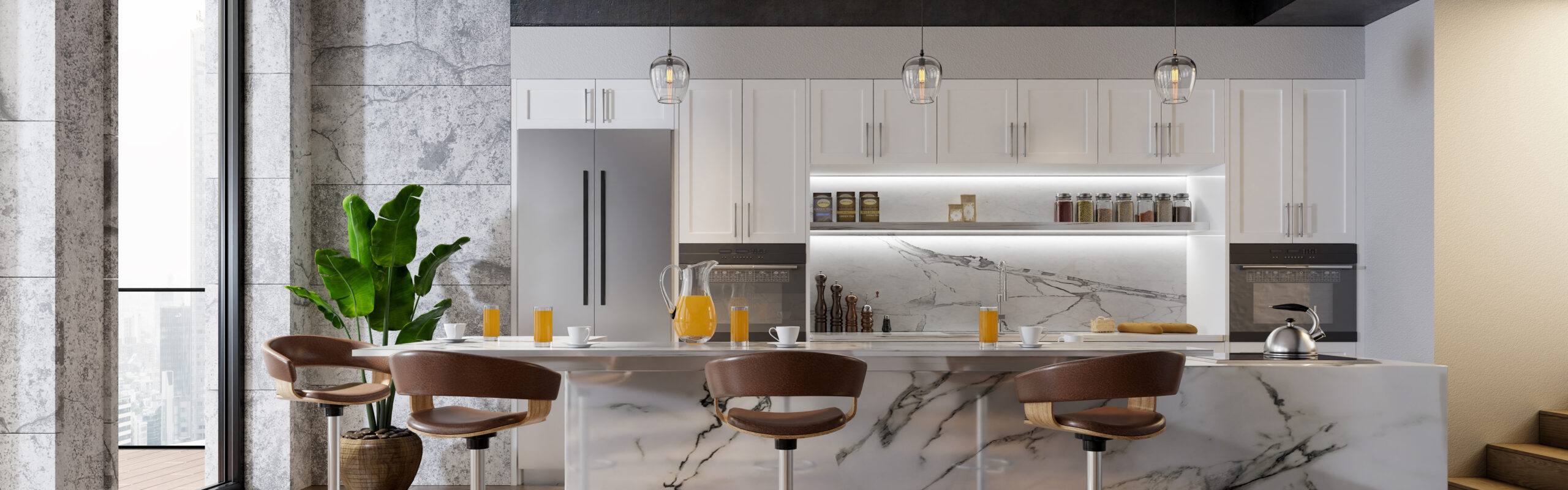 Modern apartment style of open dining area with luxury kitchen interior design, white cabinet, big kitchen island and marble countertops. 3D Visualization